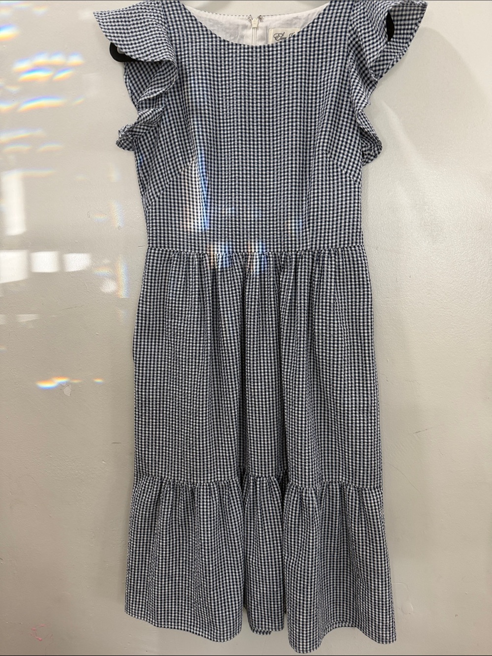 Eliza J Navy and White Gingham Ruffle Sleeve Midi Dress